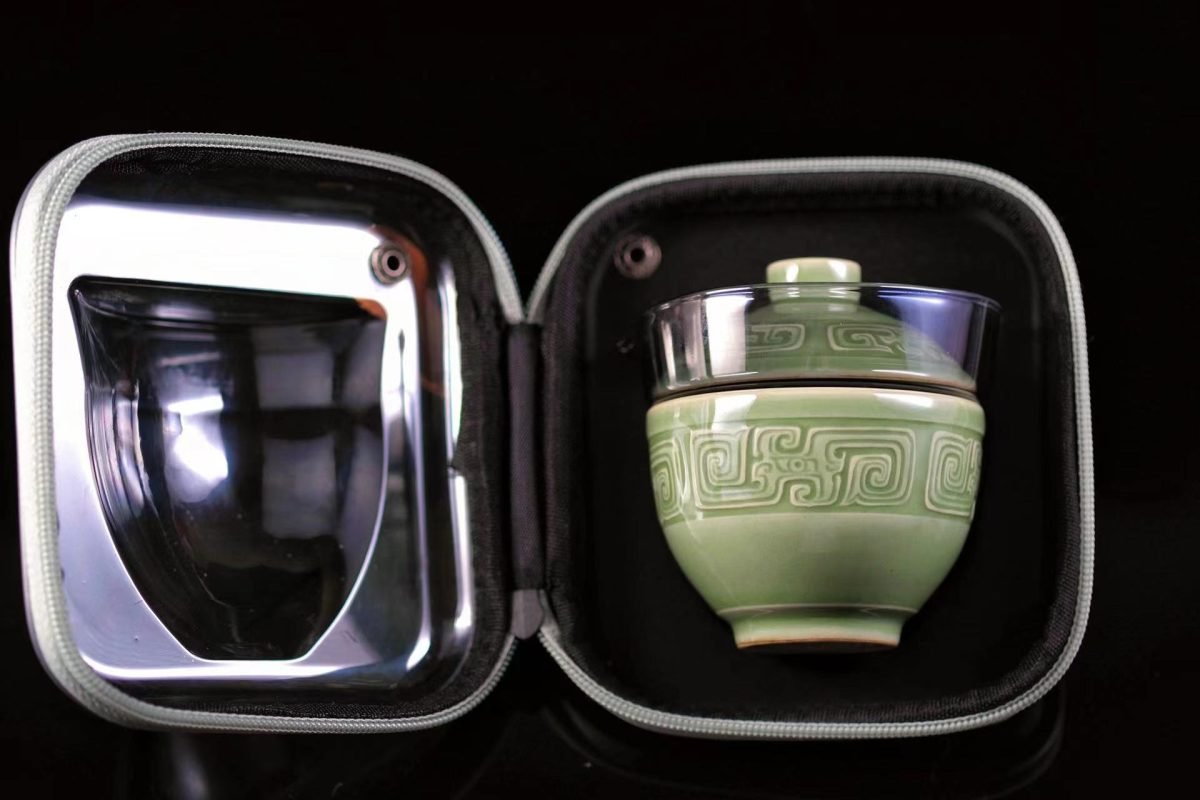 Yaozhou celadon taotie pattern travel tea cup gaiwan