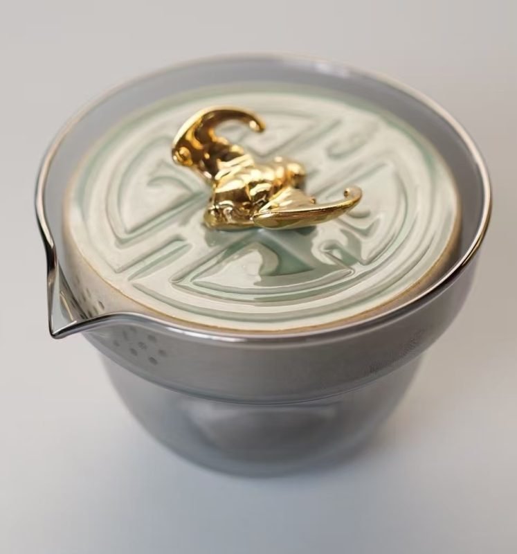 Chinese five bats symbol relief carving celadon tea cup