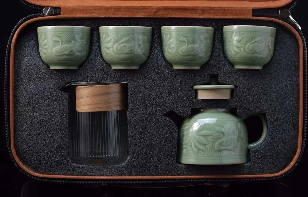 Yaozhou celadon lotus pond ducks tea set