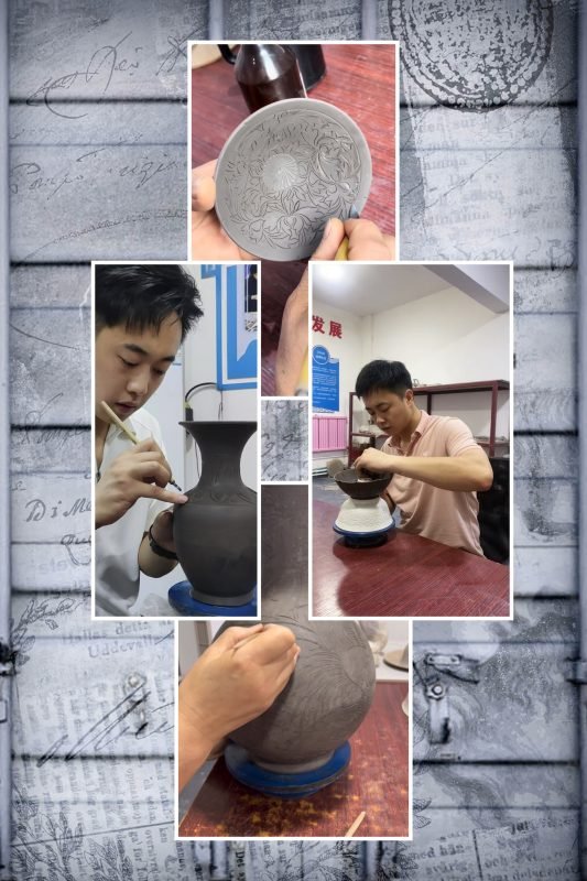 Guo Xuesong, intangible cultural heritage inheritor of Yaozhou Celadon, hand-carving traditional patterns at Deyong kiln.