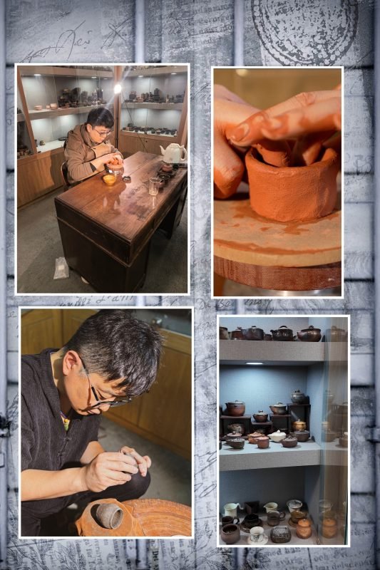 Artist Youshanzi hand-pinching and shaping a unique tea ceremony pottery piece, showcasing organic forms.