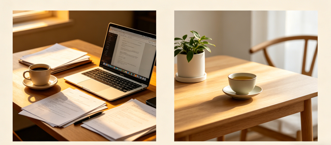 comparison between coffee driven work energy and calm tea drinking environment