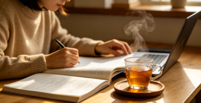 focused work session supported by calm energy from tea instead of coffee