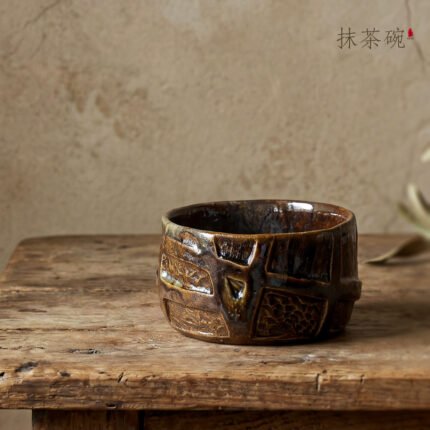Handmade Black Raku-Style Matcha Bowl – Hand-Carved Chawan with Relief Texture | 28-Yaki by You Shanzi