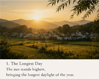 ancient Chinese countryside under strong summer sunlight representing Summer Solstice energy