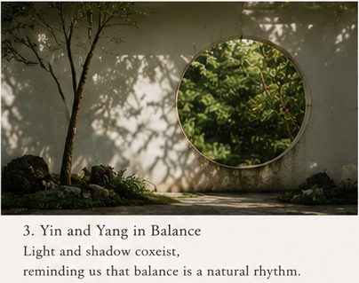 yin yang balance inspired landscape with summer sun and soft shadows in Chinese aesthetic style
