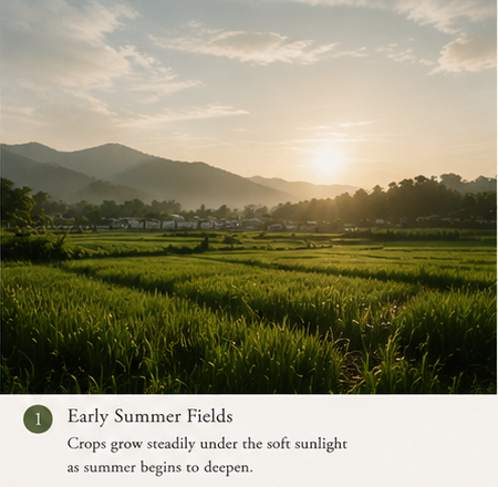 early summer Chinese countryside under soft sunlight representing Xiaoshu seasonal atmosphere