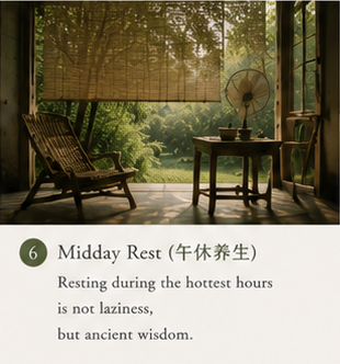 Traditional Chinese midday rest during Sanfu summer heat, showing the ancient practice of slowing down and adapting to nature's rhythm
