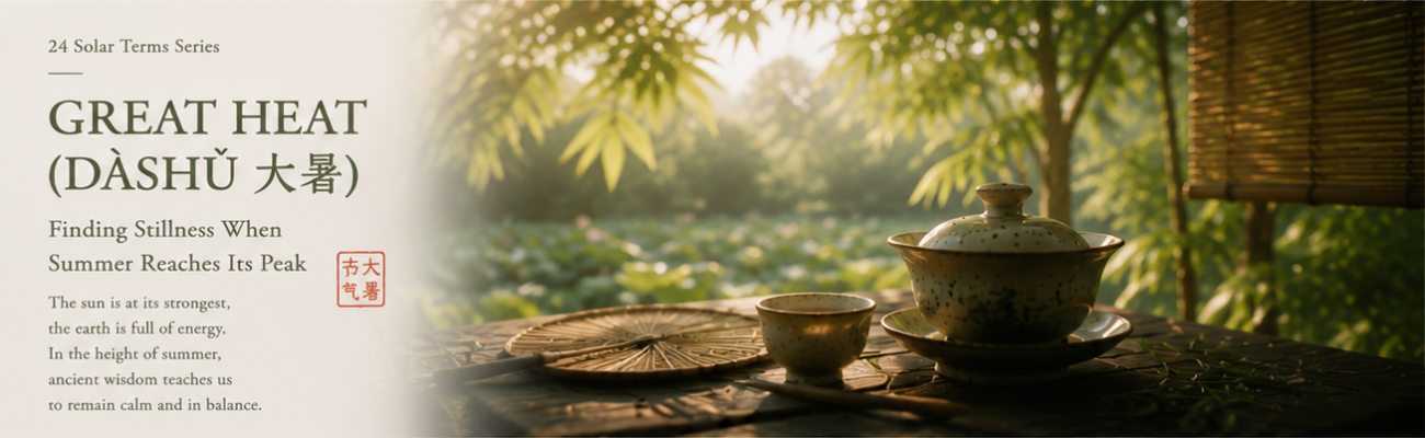 Great Heat (Dashu 大暑) solar term in Chinese culture with handmade teaware, summer landscape, and Eastern philosophy of balance during the peak of summer