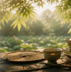 Great Heat (Dashu 大暑) solar term in Chinese culture with handmade teaware, summer landscape, and Eastern philosophy of balance during the peak of summer