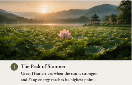 Lotus pond and summer landscape during Great Heat (Dashu) solar term representing the peak of summer energy in traditional Chinese culture