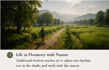 Traditional Chinese countryside lifestyle during Great Heat solar term showing harmony between humans and nature through seasonal living