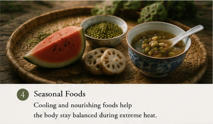 Traditional Chinese summer seasonal foods during Great Heat including watermelon, mung bean soup, and lotus root for maintaining seasonal balance
