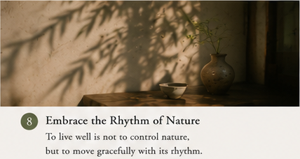Minimalist Eastern interior with summer sunlight and tea representing harmony with nature and seasonal awareness in Chinese philosophy