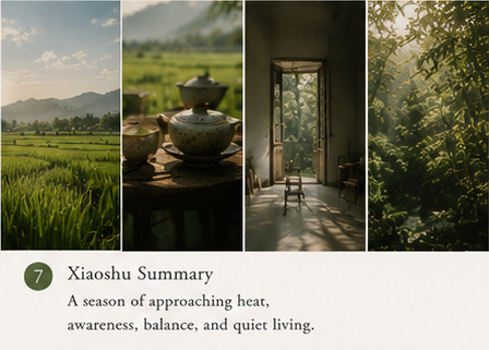 collage style Eastern summer lifestyle composition with tea, rice fields, sunlight, and minimalist interior, editorial magazine layout