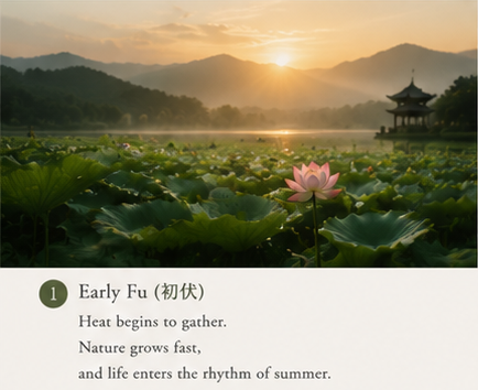 early summer countryside in China during Sanfu season with farmers resting under trees and warm sunlight