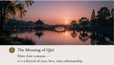 Traditional Chinese lakeside landscape at Qixi Festival representing love, stars, craftsmanship, and human connection