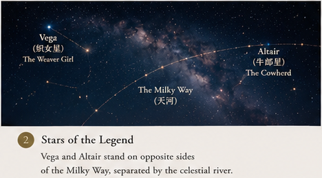 Vega and Altair on opposite sides of the Milky Way representing the Weaver Girl and Cowherd in the traditional Chinese Qixi Festival legend