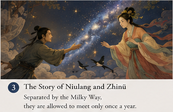 The Cowherd and Weaver Girl meeting across the Milky Way in the traditional Chinese Qixi Festival legend