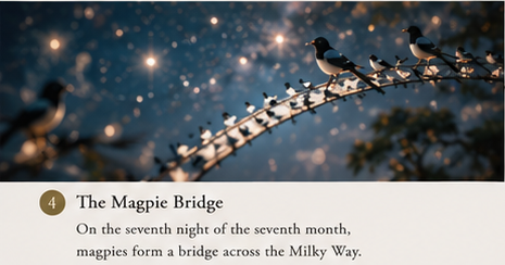 Magpies gathering to form the legendary bridge across the Milky Way during Qixi Festival in Chinese mythology