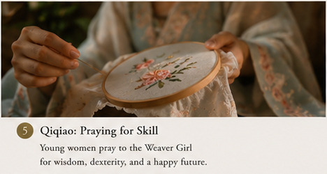 Traditional Chinese woman practicing embroidery during Qixi Qiqiao Festival symbolizing craftsmanship, dexterity, and the Weaver Girl tradition