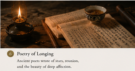 Ancient Chinese poetry and tea beneath candlelight representing longing, separation, reunion, and the literary tradition of Qixi