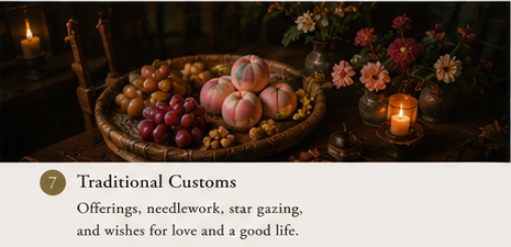 Traditional Qixi Festival offerings with seasonal fruits, flowers, candles, and ceremonial objects representing ancient Chinese customs