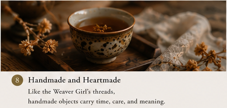Handmade Chinese teaware and natural materials representing the craftsmanship, patience, care, and human meaning celebrated through the Qixi Weaver Girl tradition