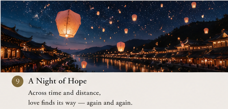 Qixi Festival night with lanterns, traditional Chinese architecture, and a starry sky symbolizing love, hope, reunion, and connection across time and distance