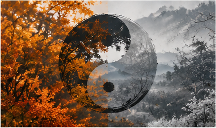 Autumn forest landscape showing harmony between sunlight and shadow inspired by Yin Yang philosophy