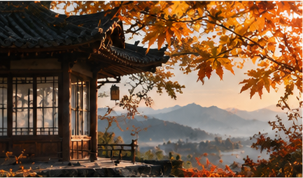 Traditional Chinese pavilion surrounded by autumn leaves and misty mountains inspired by classical poetry