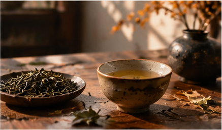 Autumn tea leaves with handmade ceramic teacup and traditional tea setting expressing seasonal tea culture