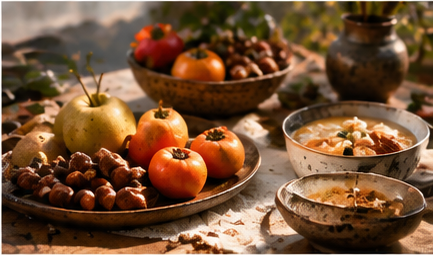 Traditional autumn foods including fruits, grains, and seasonal ingredients arranged on a natural table