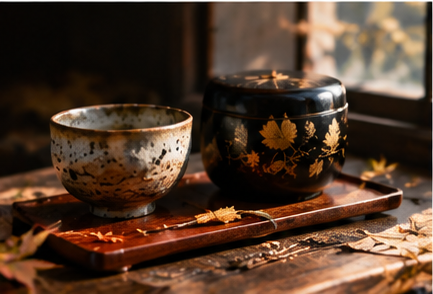 Handmade ceramic tea cup and lacquerware beside autumn leaves representing traditional craftsmanship and time