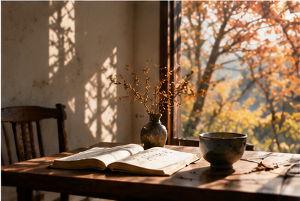 Modern peaceful interior with tea cup, book, autumn sunlight, and natural materials representing slow living