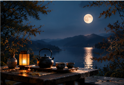 Moonlit autumn lake with traditional tea table and handmade teaware representing harmony between humans and nature