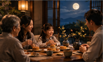 Family gathering around a tea table beneath the Mid-Autumn Festival moon