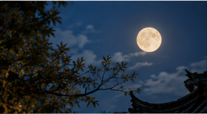 Full moon above a traditional Chinese courtyard on a quiet autumn night
