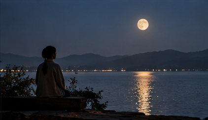 Person sitting beside a lake beneath the Mid-Autumn Festival full moon