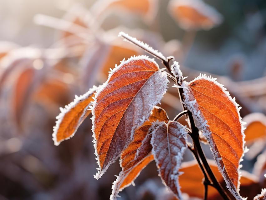 Delicate frost crystals covering orange autumn leaves on a branch in the early morning