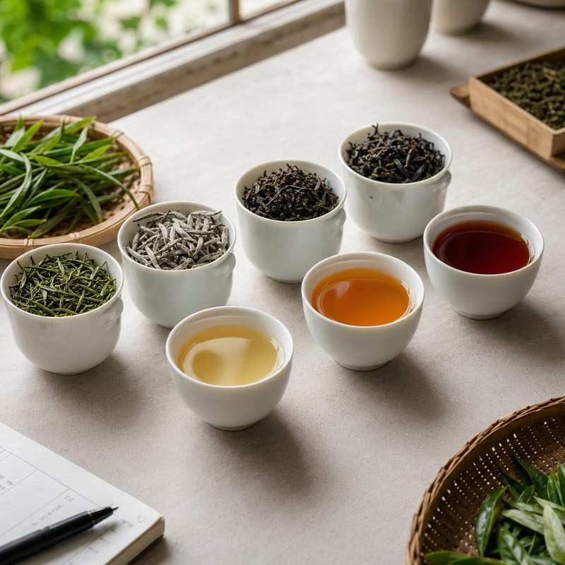 Tea tasting setup with porcelain cups, brewed tea, loose leaves, and a notebook for sensory observations