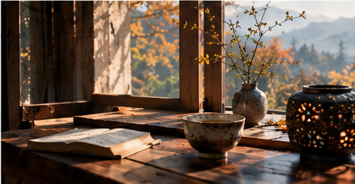 Handmade ceramic cup and black lacquerware tea container beside a window overlooking an autumn landscape during Cold Dew