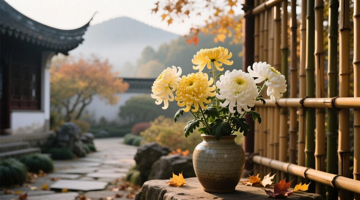Golden yellow chrysanthemums blooming beside a traditional Chinese courtyard in autumn