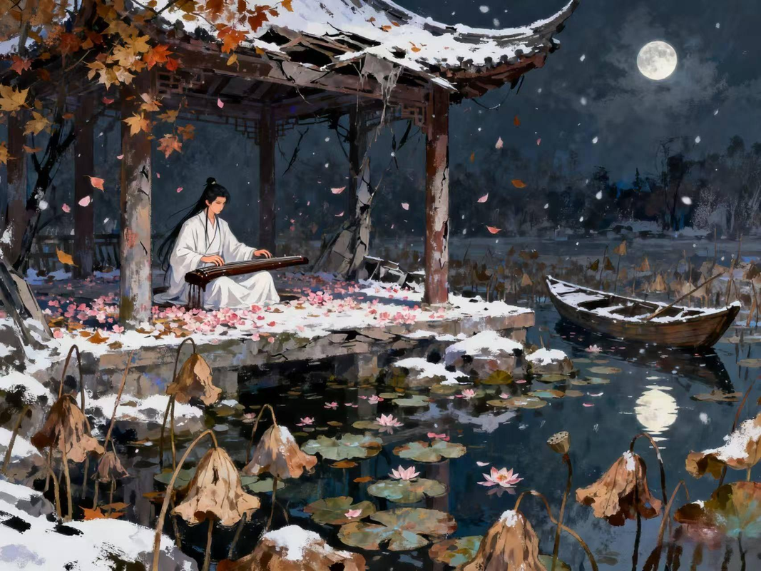 Moonlit autumn pond with fading lotus leaves, misty water, and a distant Chinese pavilion