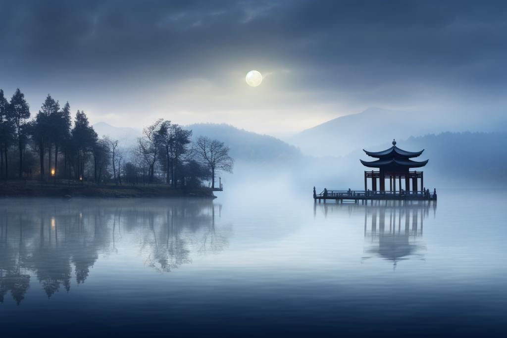 Misty autumn pond with fading lotus stems and a traditional Chinese pavilion beneath a full moon