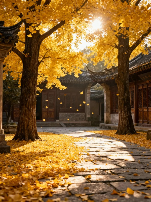 Golden fallen leaves scattered across an old stone path beside a weathered courtyard wall in late autumn