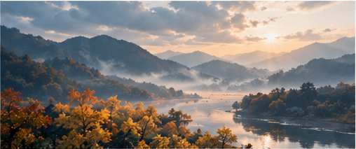 Misty autumn mountains and river landscape showing the seasonal transition from White Dew to Cold Dew