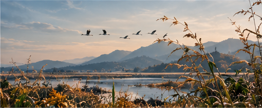 Autumn landscape with migrating geese, wetlands, and yellow chrysanthemums representing the traditional signs of Cold Dew
